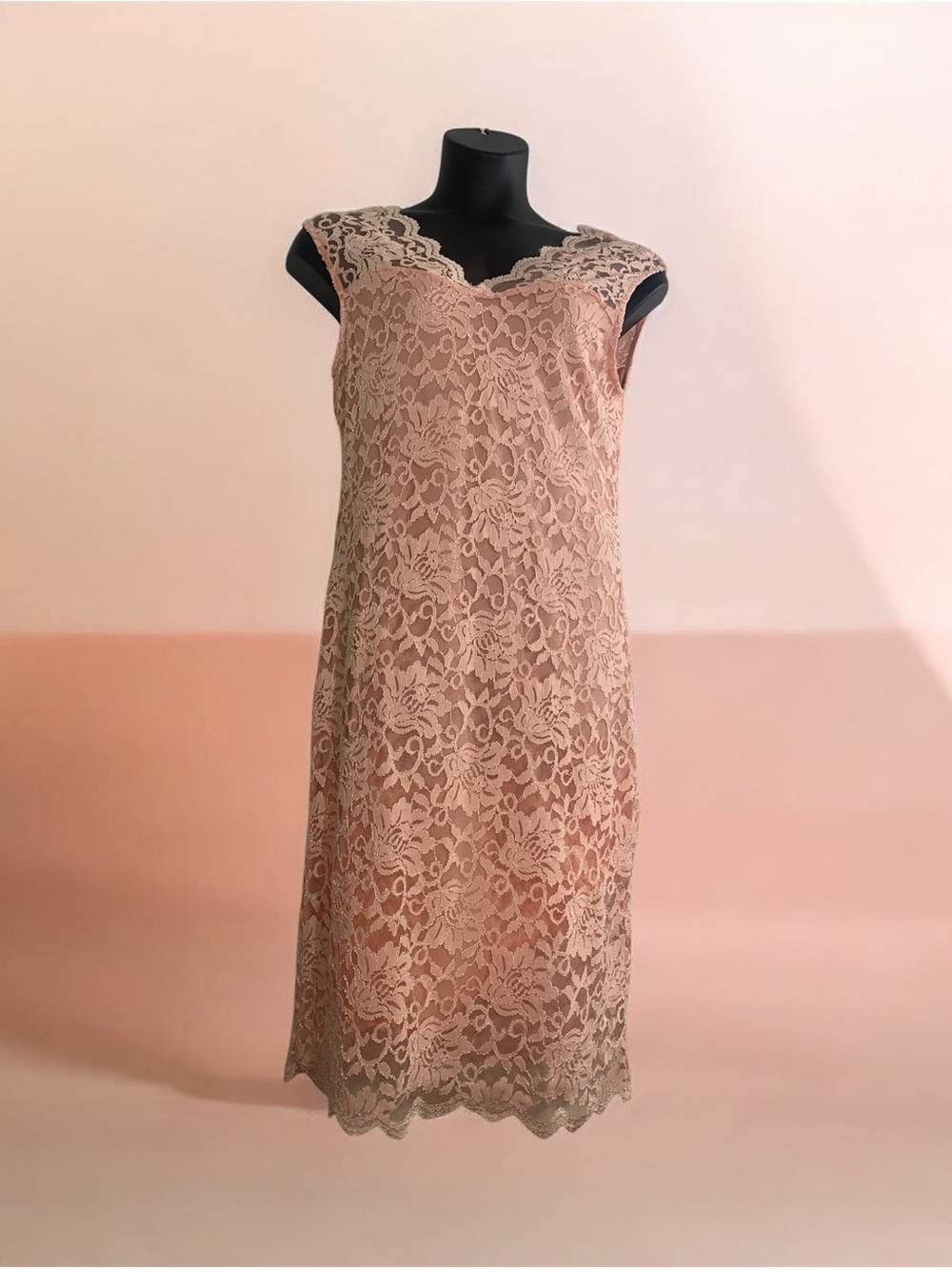 Sleeveless Blush Lace Midi Dress with Scalloped V-Neck